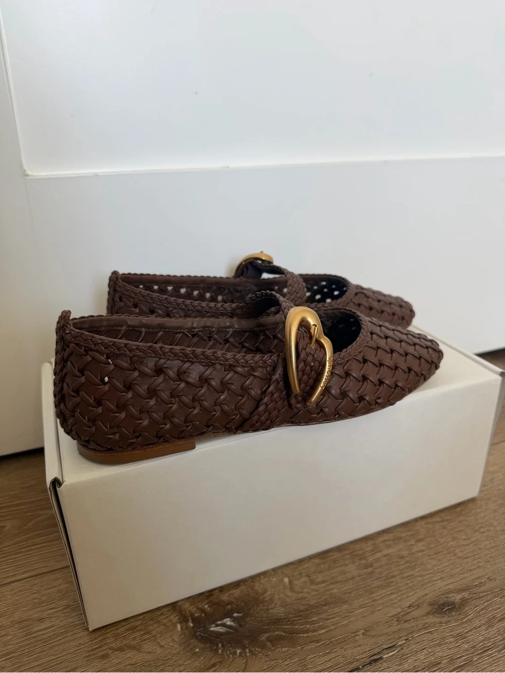Larroude Brown Woven Mary Jane Flat with Gold Buckle - Picture 5 of 6